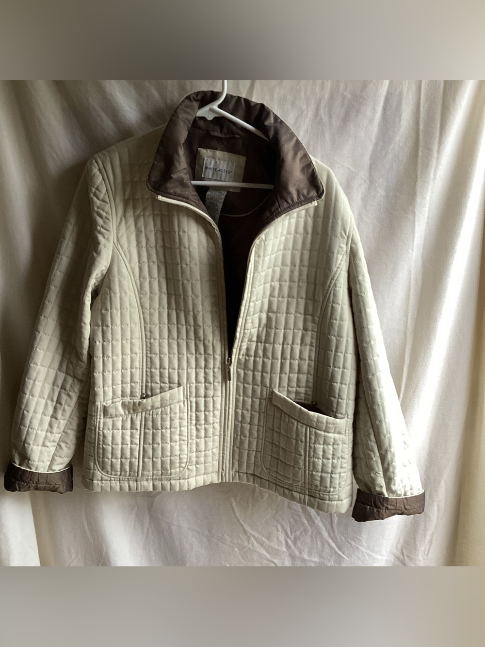 Cream Quilted Jacket with Brown Trim